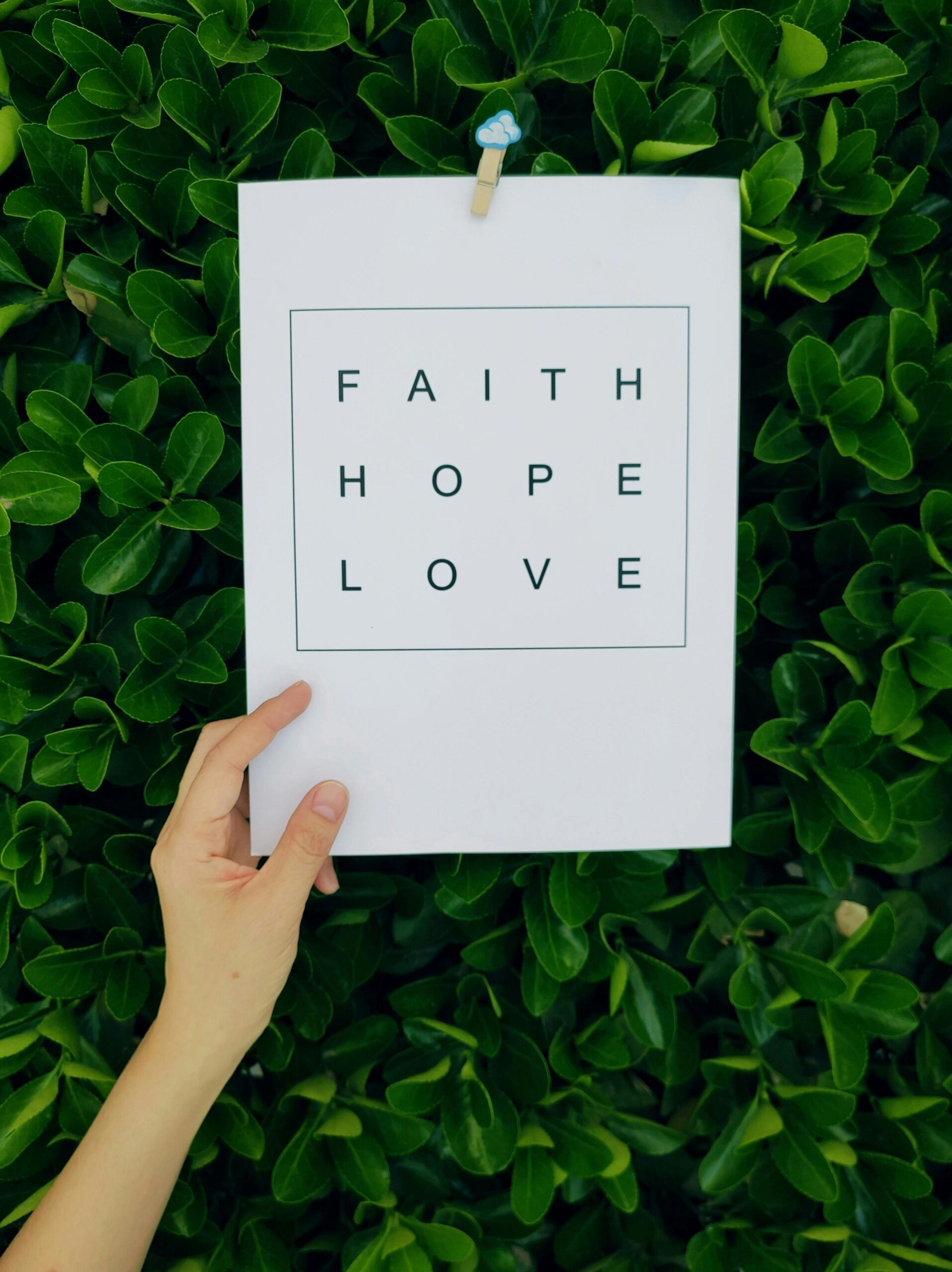 A hand holding paper printed with 'Faith Hope Love' against lush green leaves.